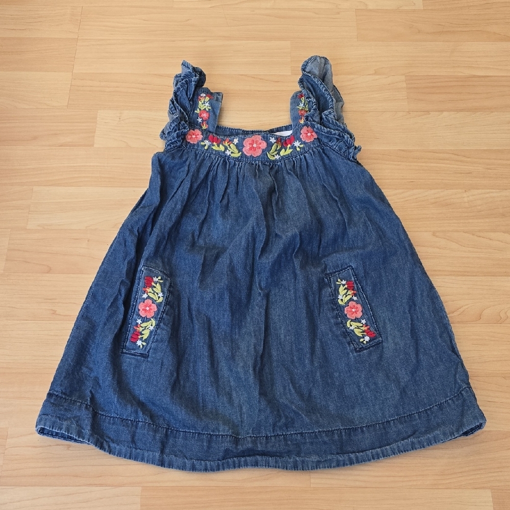 Tommy Bahama Navy Blue Denim Ruffle Floral Embroidered 100% Cotton Dress Size 2T
